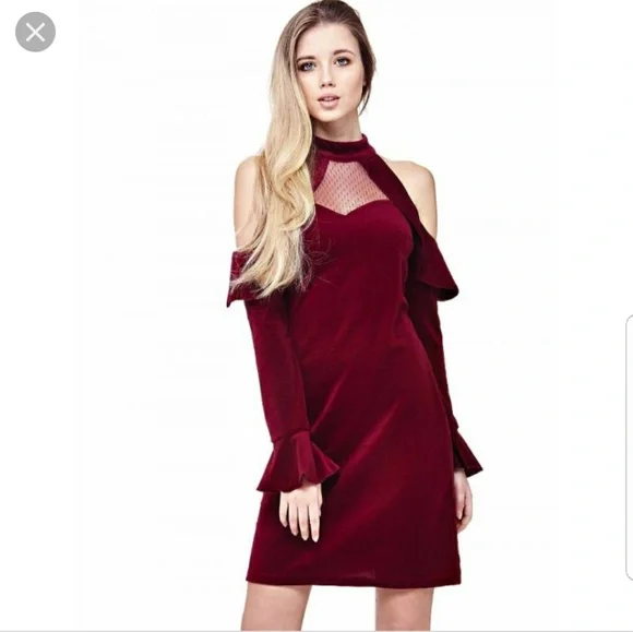 guess burgundy dress Draped Neck Belted A-Line Sleeveless Midi Dress in Burgundy